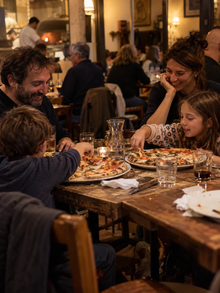 Famiglia con due bambini al tavolo di una pizzeria