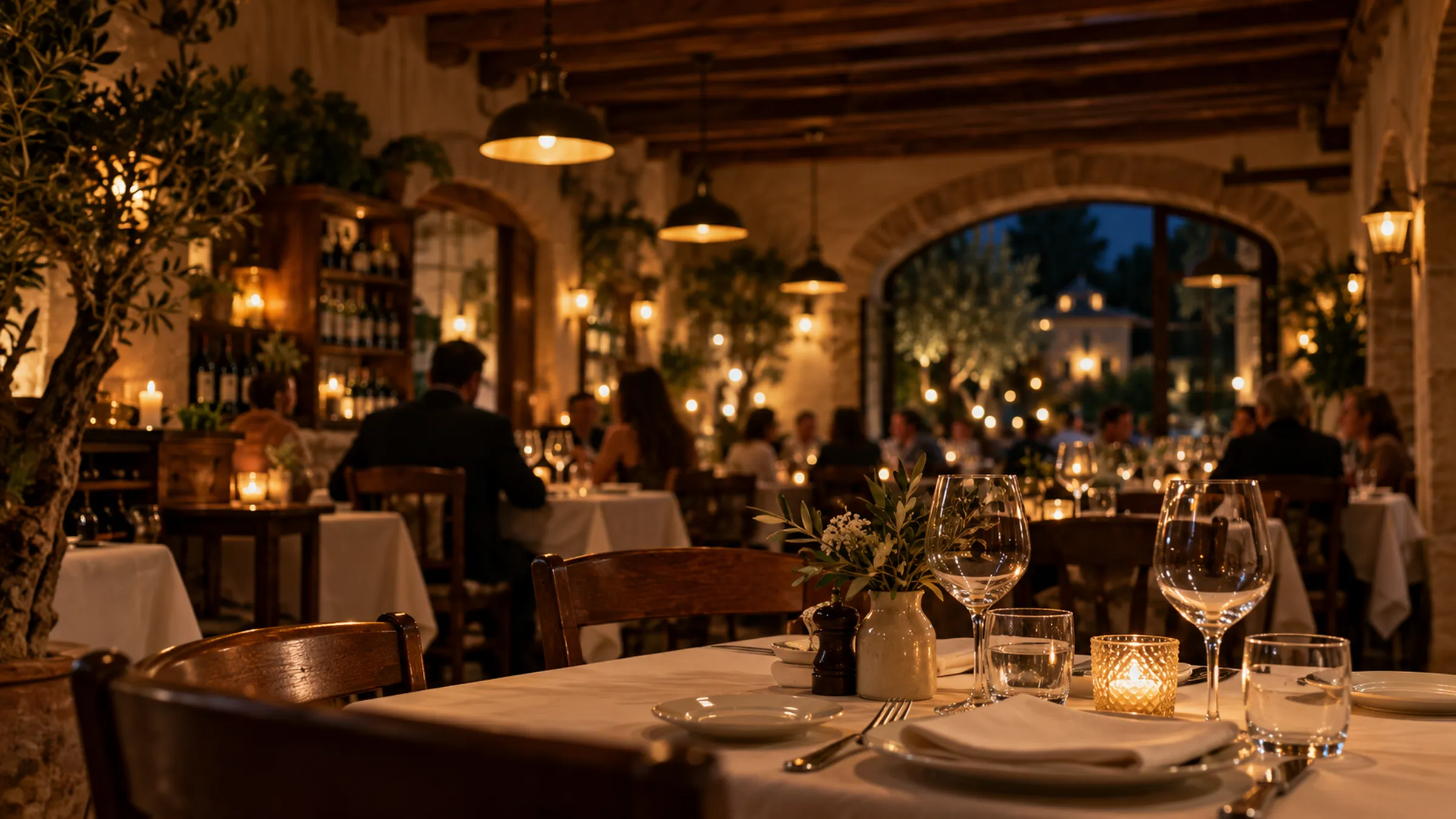 Sala di una trattoria italiana durante il servizio serale, tavoli apparecchiati e luci calde