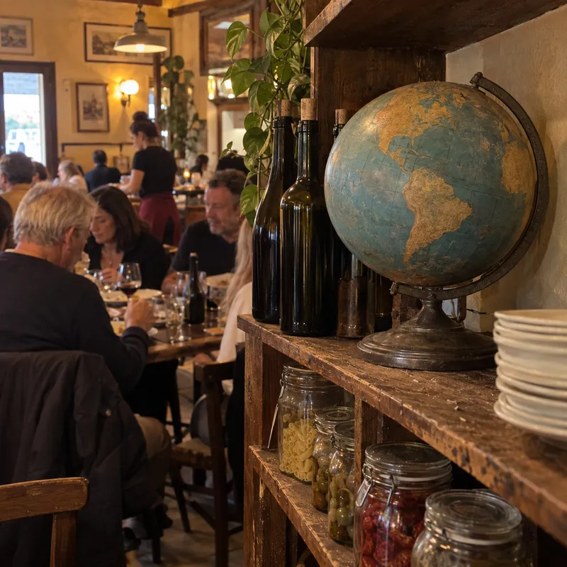 Vecchio mappamondo su una mensola di trattoria tra bottiglie di vino