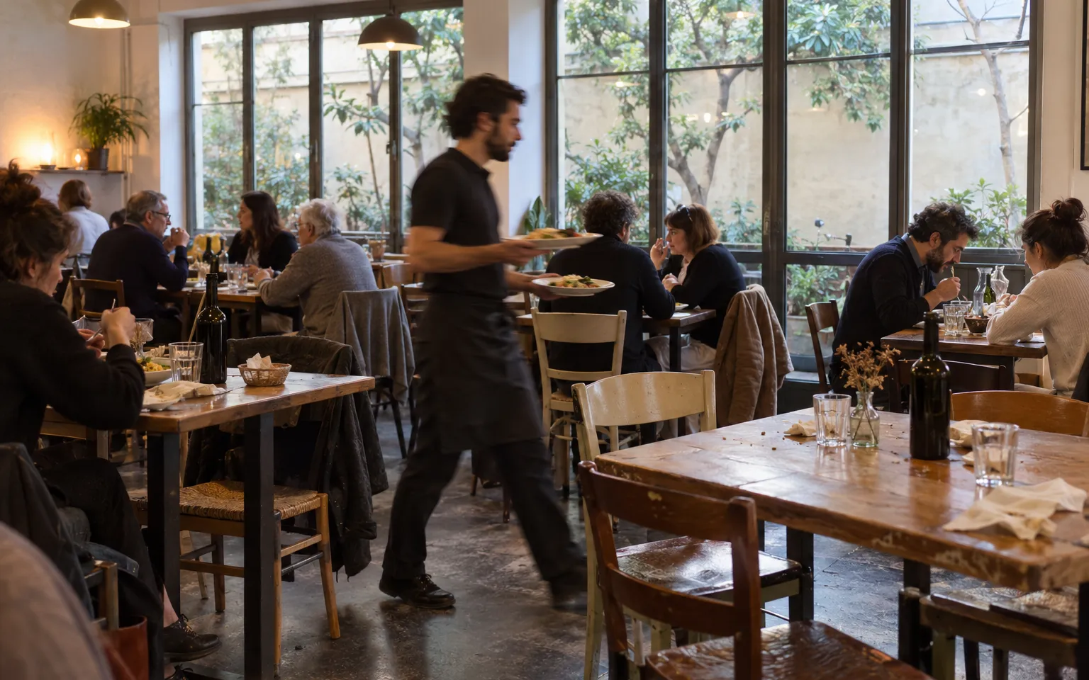 Sala di un ristorante di città all'ora di pranzo, con un cameriere che porta i piatti