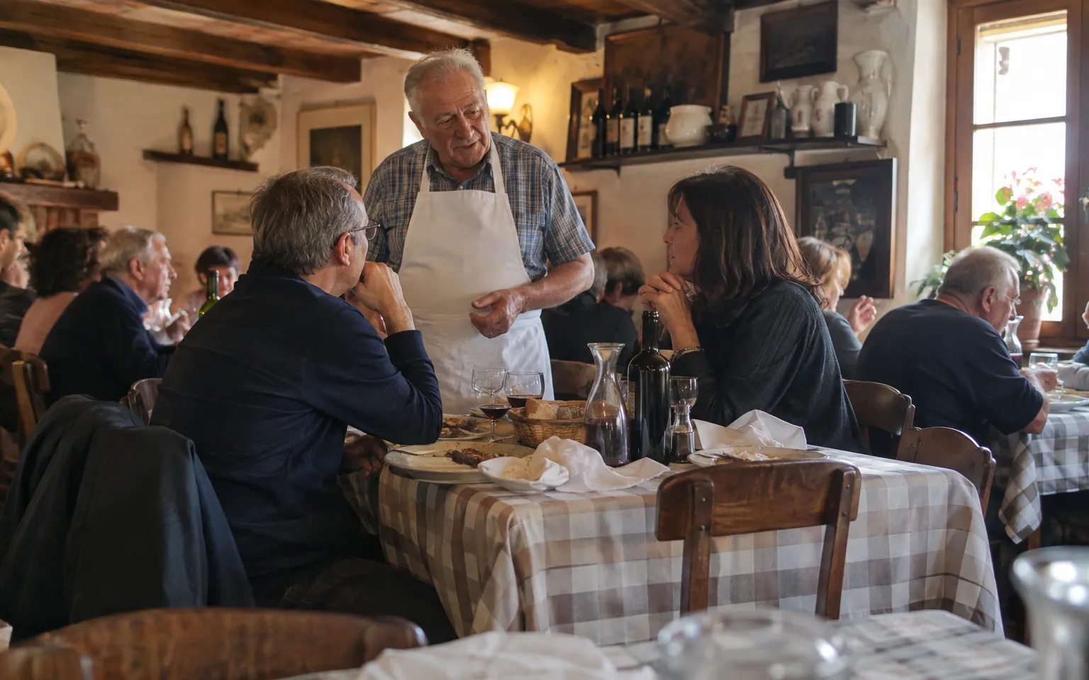 Trattoria a conduzione familiare con travi di legno e il titolare che parla con i clienti